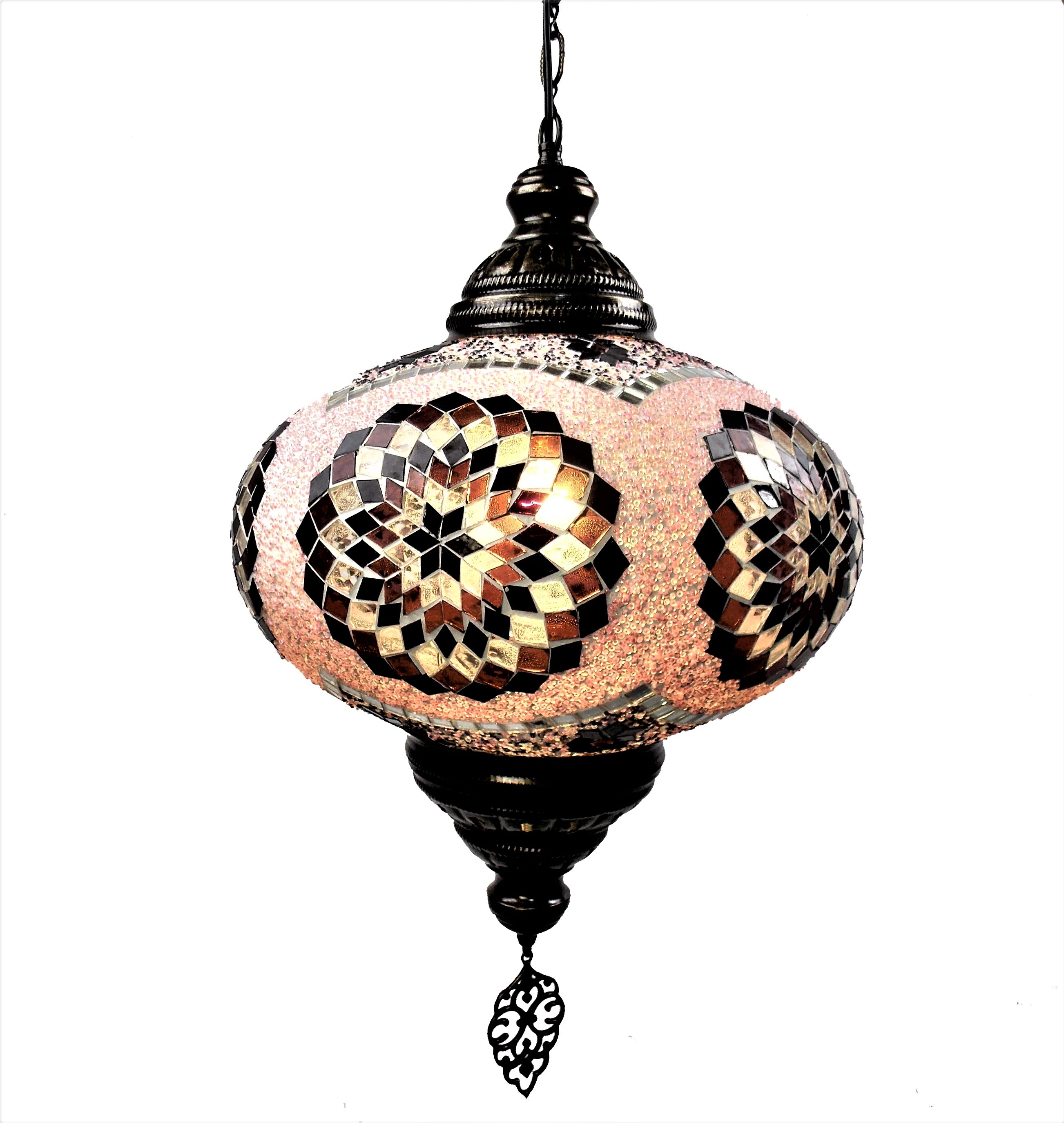 Lampa turceasca  de tavan cu glob din sticla mozaic si lant de  metal 73cm  ,35cm diametrul glob