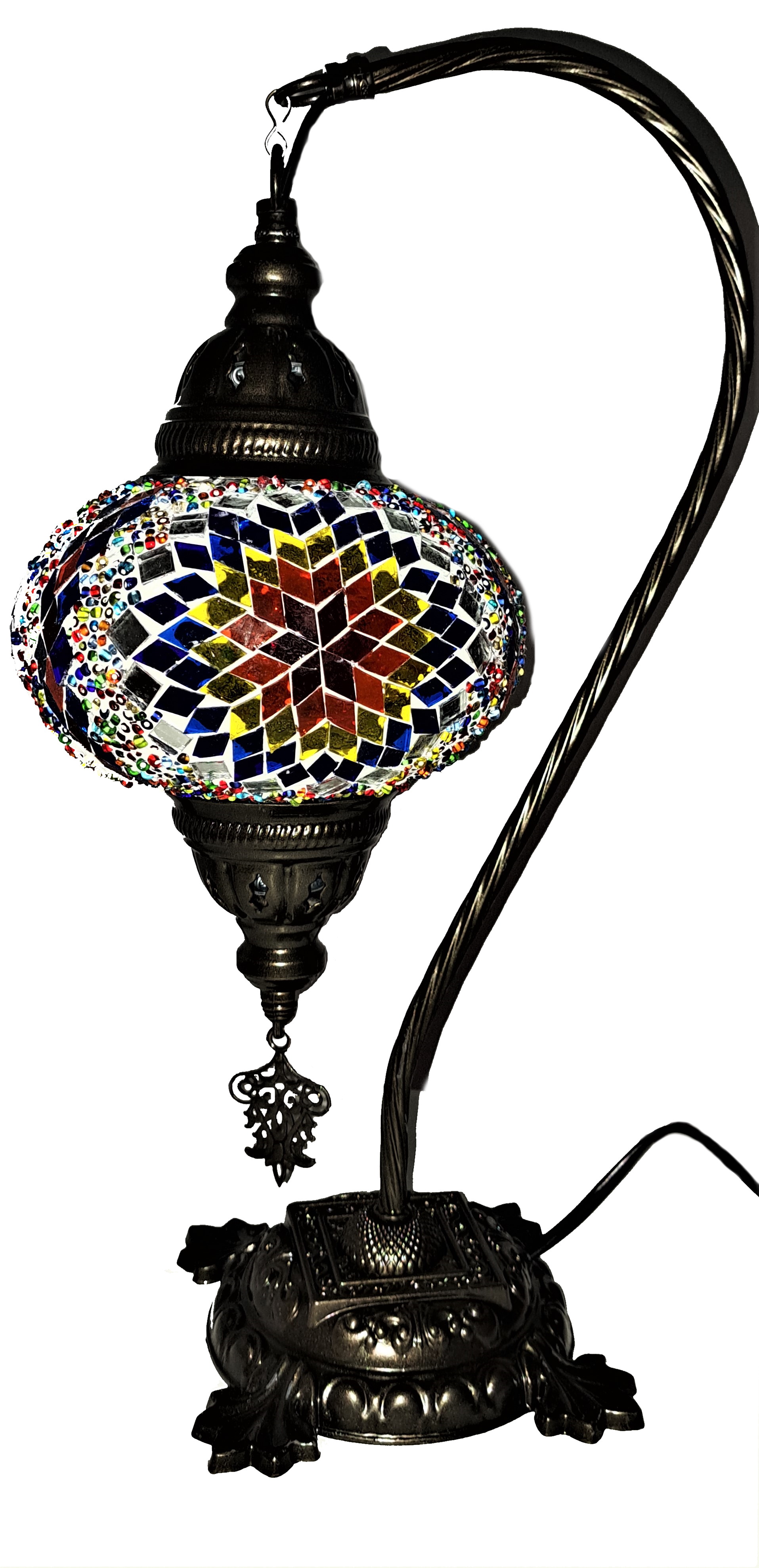 Veioza orientala din sticla mozaic handmade, cu glob de sticla si lant - picior 41cm, glob 16 cm